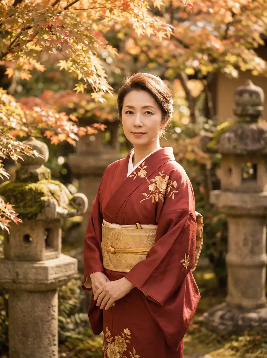 一位身穿暗红色和服的优雅 韩国女主播青草 在日式庭院中