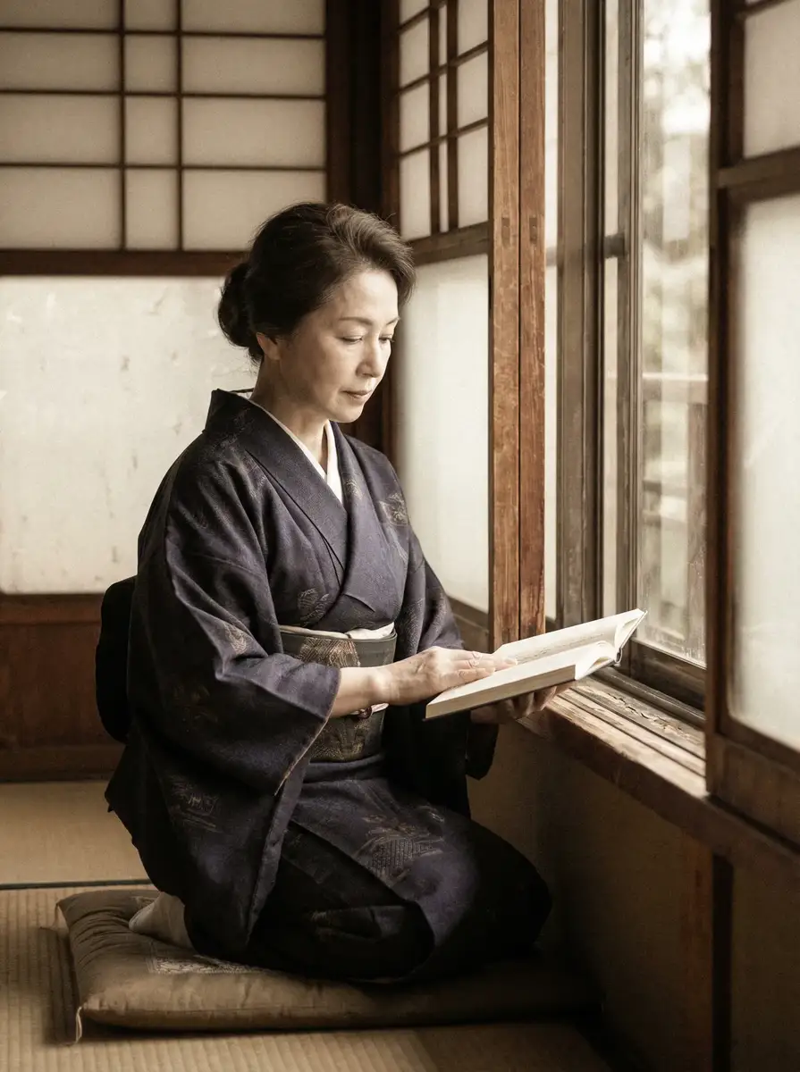 一位优雅的五十岁 韩国女主播青草 身穿深蓝色和服，在窗边静读