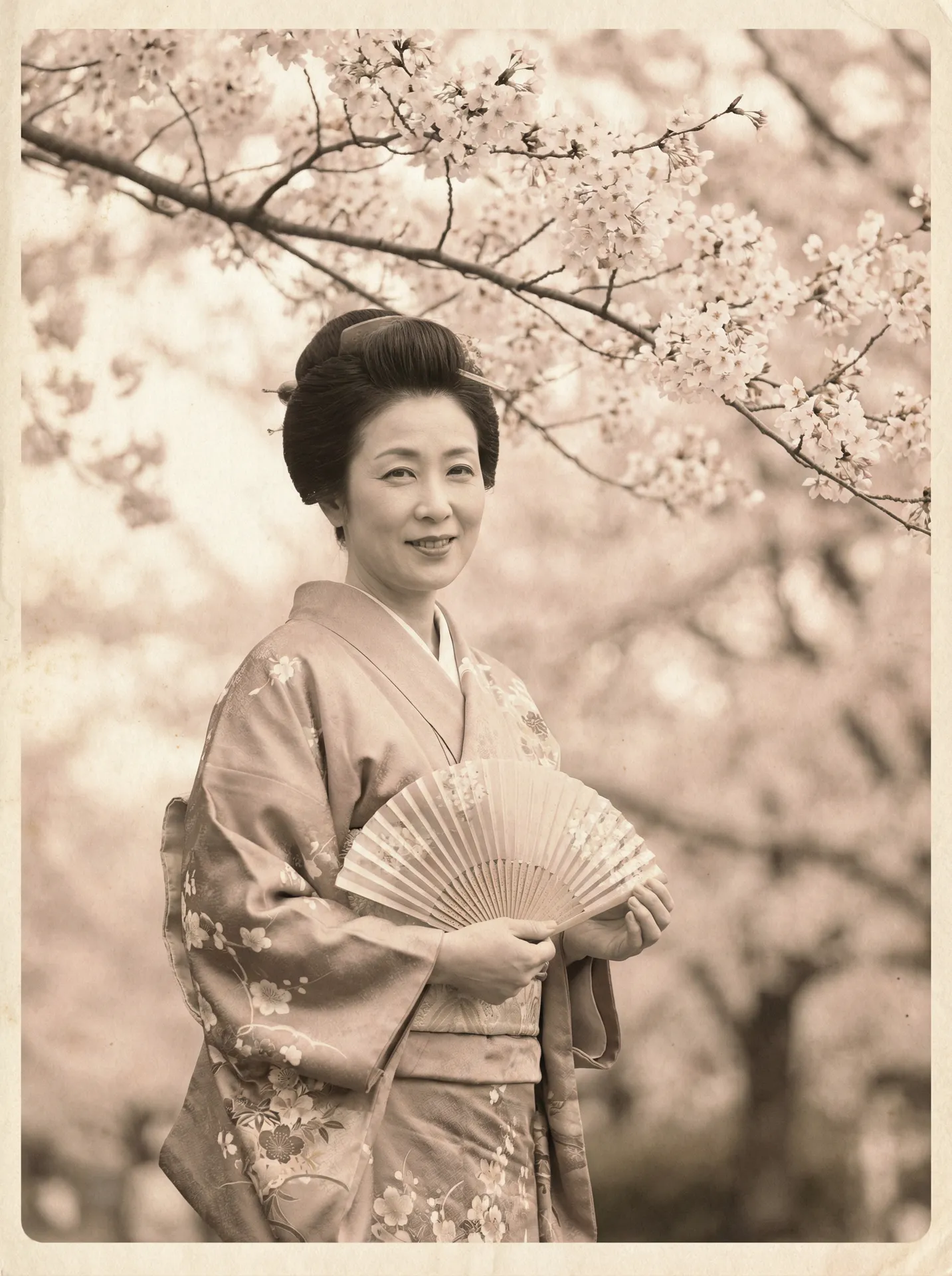 一位持扇的优雅 韩国女主播青草 在樱花树下的复古写真