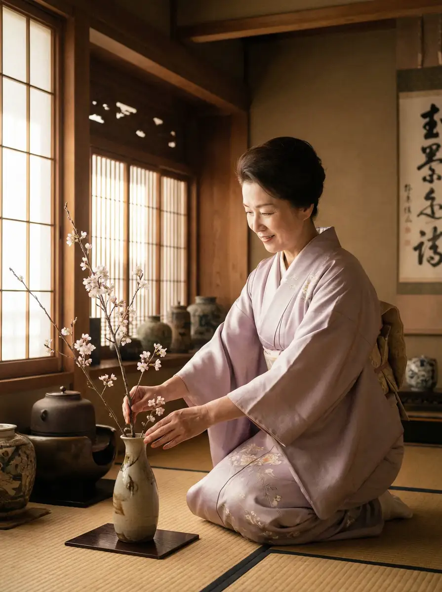 一位优雅的 韩国女主播青草 在和室中插花