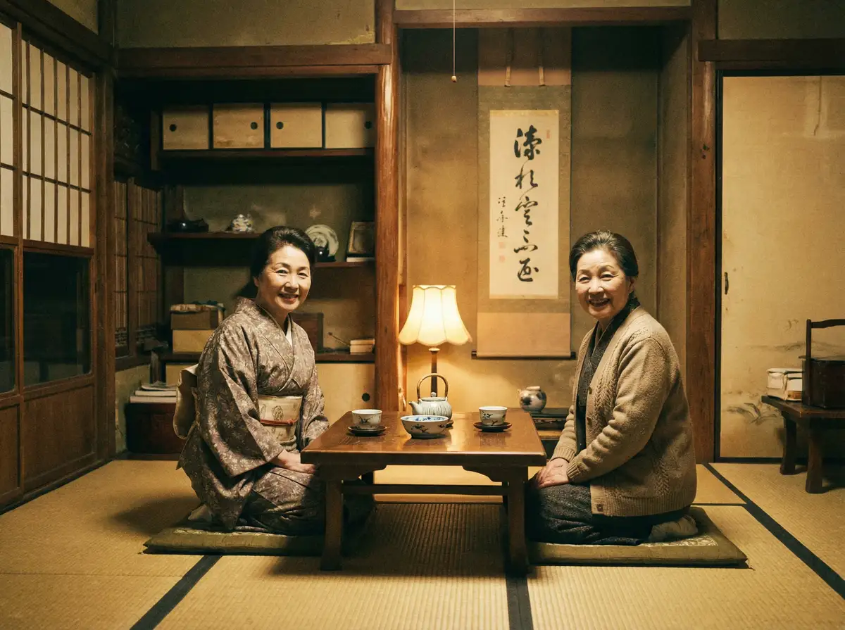 两位优雅的 韩国女主播青草 在日式茶室中品茶交谈